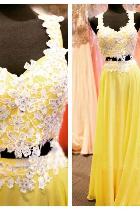 Beaded Prom Dresses,Beading Prom Dress,Yellow Prom Gown,2 Pieces Prom Gowns,Elegant Evening Dress,Lace Evening Gowns,2 Piece Evening Gowns, New Style Prom Dress