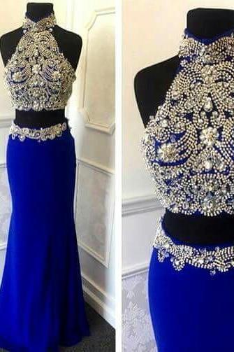 Royal Blue Prom Dresses,2 Piece Prom Gowns,2 Pieces Prom Dresses,Sexy Party Dresses,Long Prom Gown,Chiffon Prom Dress,Beaded Evening Gowns,Beading Formal Gown For Teens