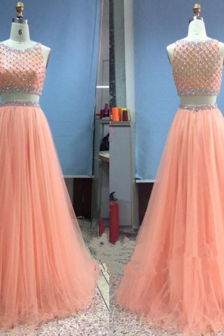 Tulle Long Beadings Two Pieces Light Coral Prom Gowns, Prom Dresses 2016, Evening Gowns, Evening Dresses, Formal Dresses