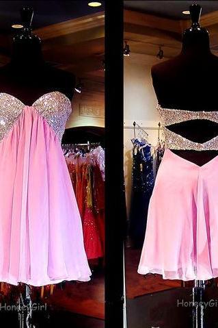 Homecoming Dresses, Chiffon Pink Homecoming Dress, Beaded Sequin Homecoming Dress, Short Homecoming Dresses, 2016 Homecoming Dress, Short Prom