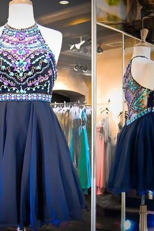 Homecoming Dresses, Sexy Homecoming Dresses,junior Homecoming Dresses,halter Navy Homecoming Dress, Beaded See Through Homecoming Dress, Short