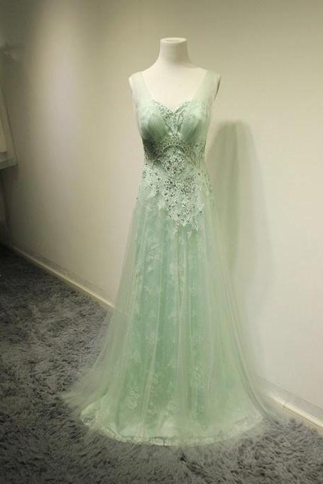 Mint Beading Lace Prom Dresses,Long Party Dresses,Classy Prom Gowns,Hnadmade Evening Gowns,Prom Dress