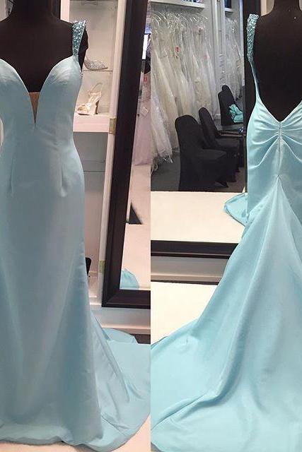 Simple Light Sky Blue Prom Dresses,High Quality Mermaid Prom Gowns,Charming Backless Cheap Evening Gowns