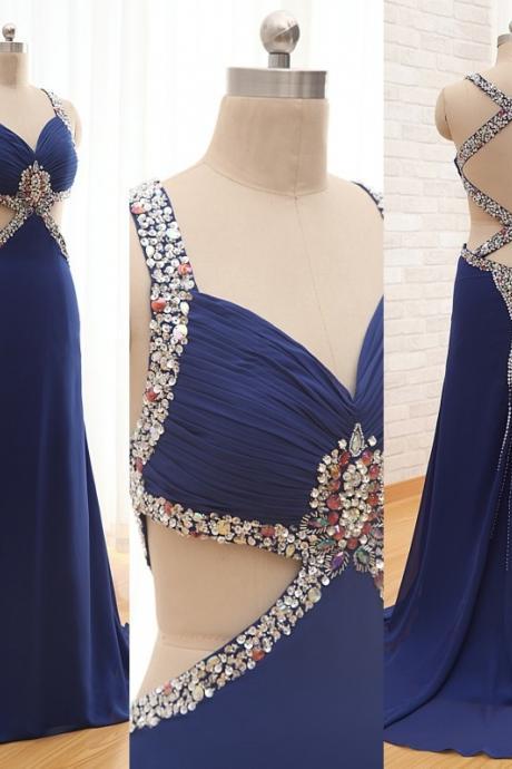 Charming Beading Open Back Long Prom Dresses,handmade Chiffon Prom Gowns,modest Evening Gowns