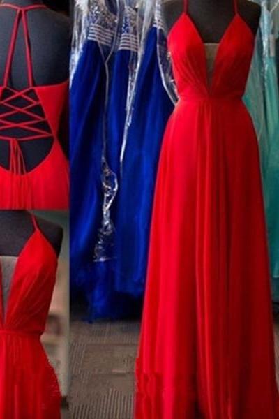 Simple Light Red V-neck Prom Dresses,charming Long Prom Gowns,backless Evening Gowns,handmade Party Dresses