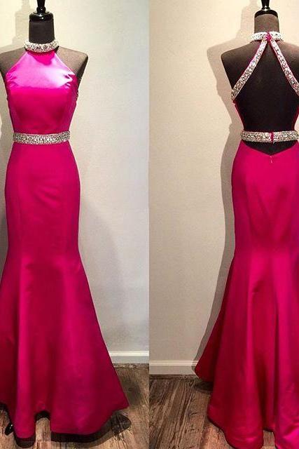 Beautiful Hot Pink Prom Dress,Mermaid Prom Dresses,Long Evening Dresses,Halter Backless Prom Gowns