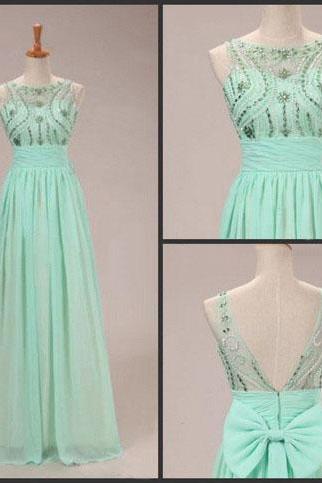 Cap Sleeves High Low Chiffon Prom Dresses,Mint Green Long Prom Dress With Bow,Charming Prom Gowns