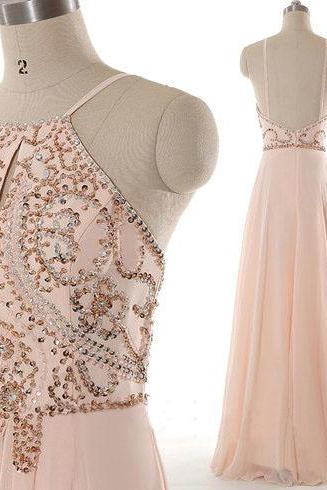 Charming Blush Pink Ling Chiffon Beaded Prom Dresses ,White Straps,Beautiful Handmade Backless A-line Prom Gowns