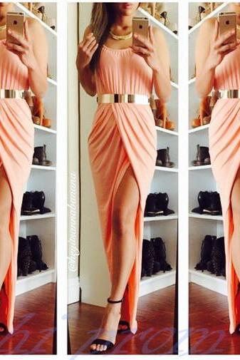 Sexy Front Split Blush Pink Prom Dresses,Girly Chiffon Long Dress For Teens,Prom Gowns,Evening Gowns