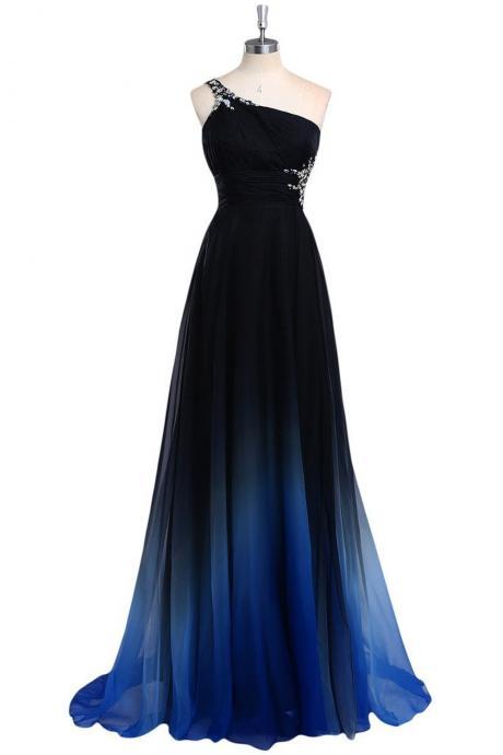 Top Selling Ombre Chiffon Prom Dresses,One Shoulder Long Beaded Prom Dress,Pretty Prom Gowns