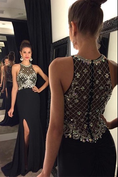 Sexy Long Front Split Black Prom Dresses,Gorgeous Prom Gowns,Modest Beading Evening Gowns