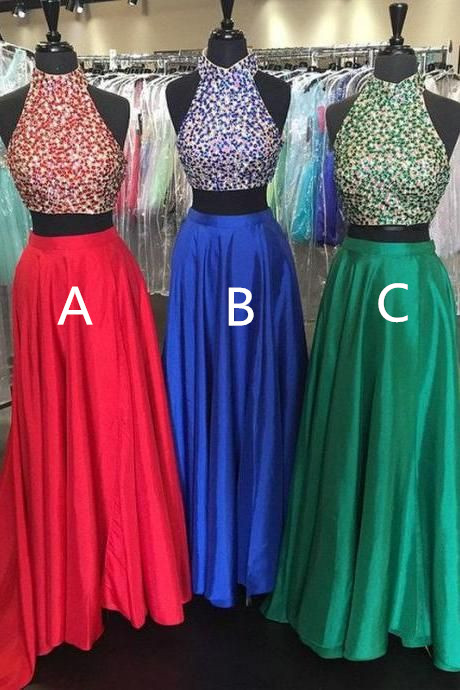 Halter Beading 2 Pieces Long Prom Dresses,handmade Sparkly Prom Gowns