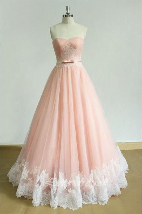 Strapless Long Lace Prom Dresses,back Up Lace Pink Prom Dress For Teens
