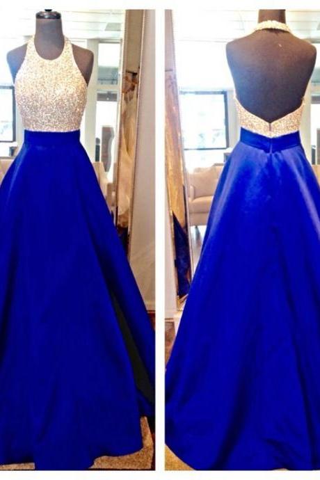 Design Long Royal Blue Prom Dresses,halter Beading Charming Prom Gowns,modest Evening Dresses
