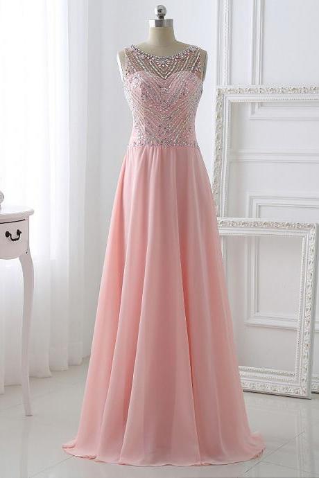 Handmade Long Chiffon Prom Dresses,pretty Pink Beading Prom Dress,a-line Evening Dresses