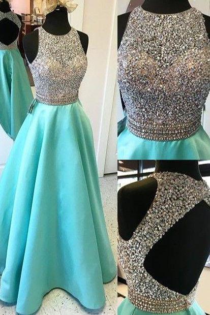 Cap Sleeves Long A-line Teal Prom DressesmBeading Open Back Satin Prom Dresses,Modest Evening Dresses,Party Prom Dresses,Pretty Prom Gowns