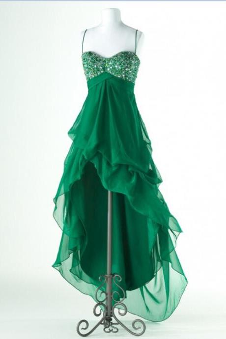 Charming Prom Dresses,hi-low Prom Dress,spaghetti Straps Prom Dress,green Prom Dress