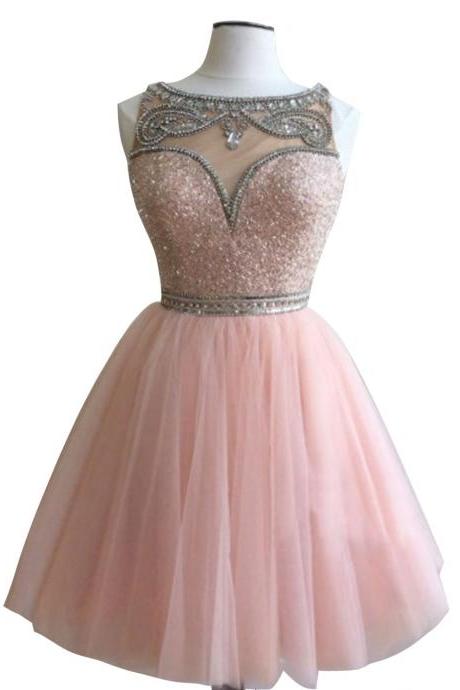 Jewel Embellished Sweetheart Illusion Short Chiffon Homecoming Dress, Sweet 16 Dress