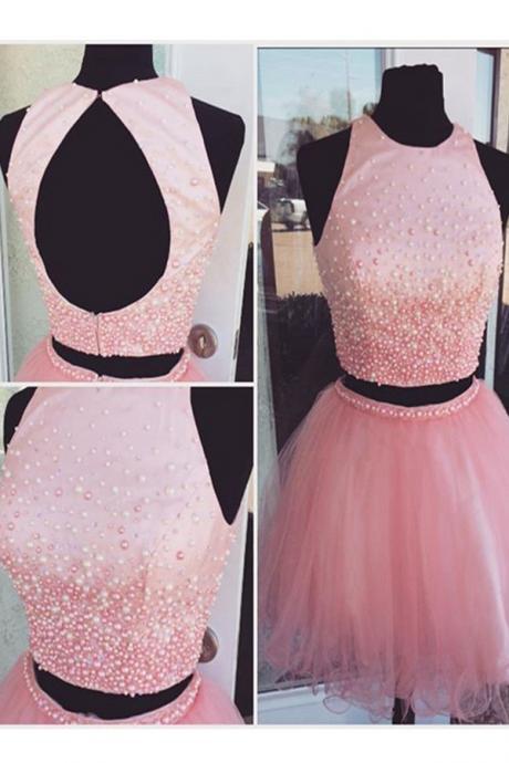 Homecoming Dresses,pink Beading Tulle Short Prom Dresses,homecoming Dresses,open Back Two Pieces Homecming Dress,cocktail Dresses