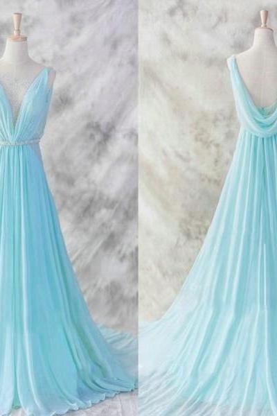 Evening Dresses, Prom Dresses, Prom Dress,light Blue Chiffon Long Prom Dresses,elegant A-line V-neck Chiffon Prom Dresses