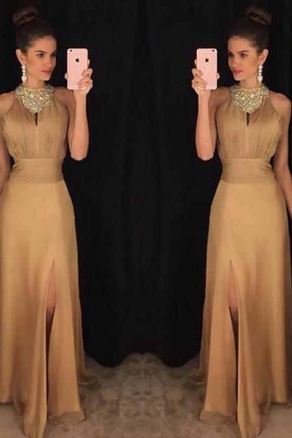Evening Dresses, Prom Dresses,gold Chiffon Long Prom Dresses Sexy Slit Sleeveless Party Gowns Evening Dress