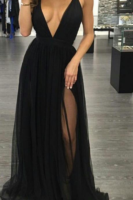 Evening Dresses, Prom Dresses,black Prom Dresses,prom Dress,chiffon Prom Dress,a Line Prom Dresses,evening Gowns,party Dress,slit Prom Gown For