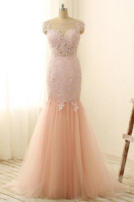 Evening Dresses, Prom Dresses,modest Prom Dresses,sexy Prom Dress,gorgeous Pink Sexy Mermaid Prom Dresses, Tulle Lace Applique Long Party Gowns