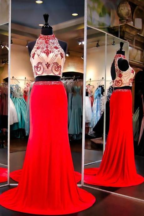 Evening Dresses, Prom Dresses,modest Prom Dresses,sexy Prom Dress,high Collar Two Piece Prom Dresses, Beading Open Back Long 2017 Evening Gowns