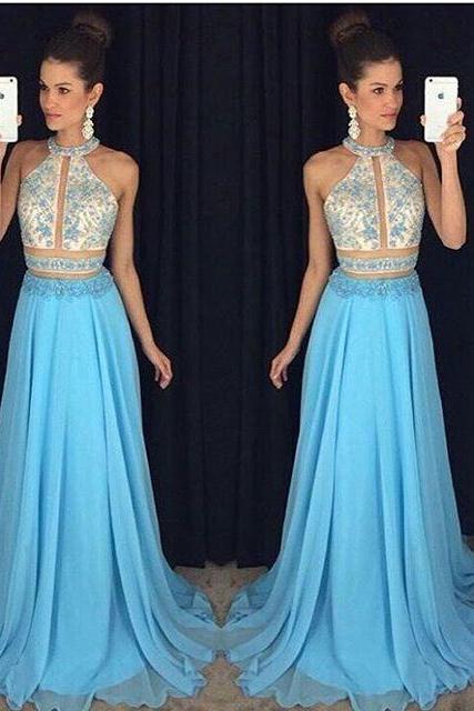 Evening Dresses, Prom Dresses,prom Dresses,prom Dress,lace-appliques Sweep-train Chiffon Halter Newest Sleeveless A-line Prom Dress