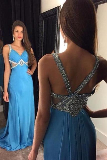  Evening Dresses, Prom Dresses,Party Dresses,Prom Dresses,Prom Dress,Blue Chiffon Prom Dresses ,2017 Sleeveless Crystals Long Evening Gowns