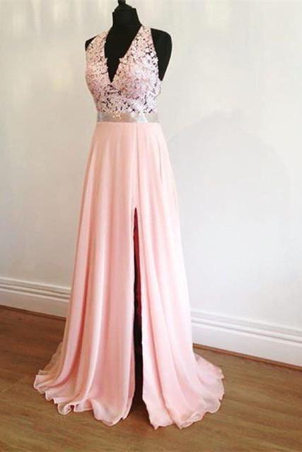 Evening Dresses, Prom Dresses,party Dresses, Prom Dress,modest Prom Dress,elegant Lace Halter Pink Chiffon Prom Dresses With Slit 2017 Design
