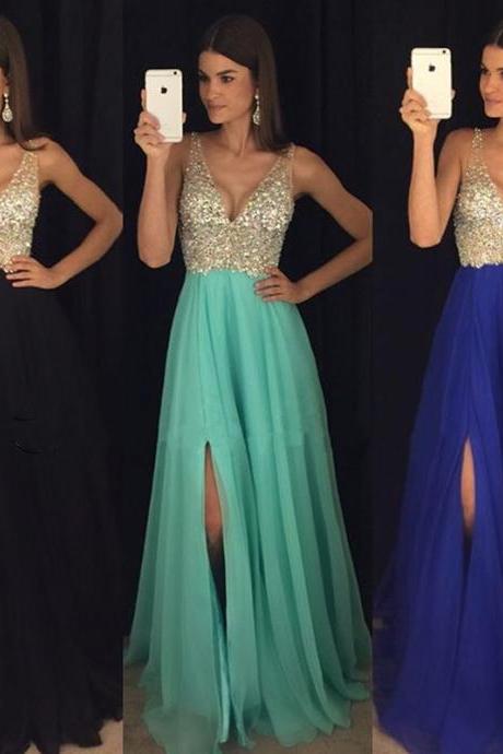  Evening Dresses, Prom Dresses,Party Dresses,New Arrival Prom Dress,Modest Prom Dress,sparkly crystal beaded v neck open back long chiffon prom dresses ,2017 pageant evening gowns with leg slit