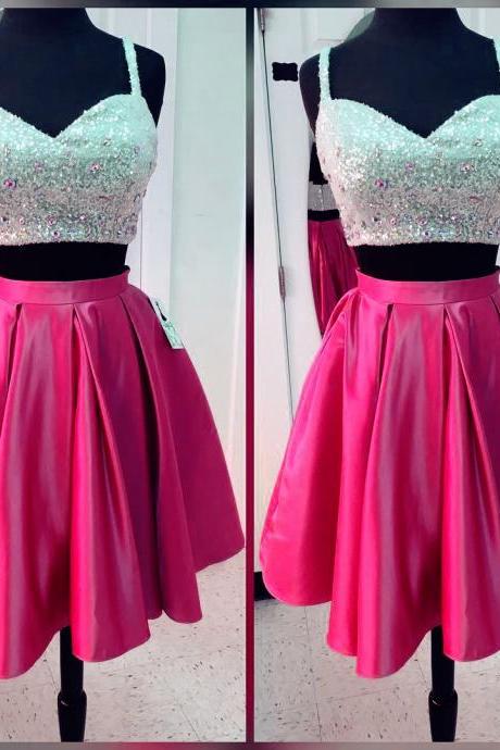 Party Dresses,homecoming Dresses,women's Party Dresses,short Satin Two Piece Homecoming Dresses With Sequin Top,sparkly Prom