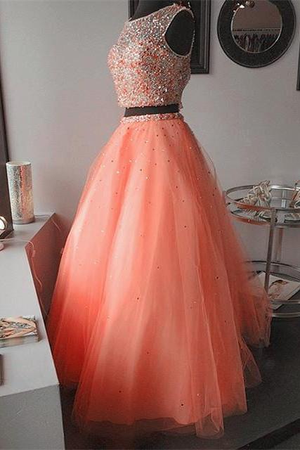 Evening Dresses, Prom Dresses,party Dresses, Prom Dress,modest Prom Dress,coral Pink Two Piece Ball Gowns Quinceanera Dresses With Crystal