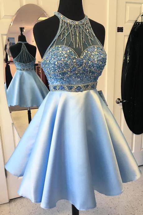 Evening Dresses, Prom Dresses,party Dresses,homecoming Dresses,chic Crystal Beaded Halter Open Back Satin Homecoming Dresses 2017