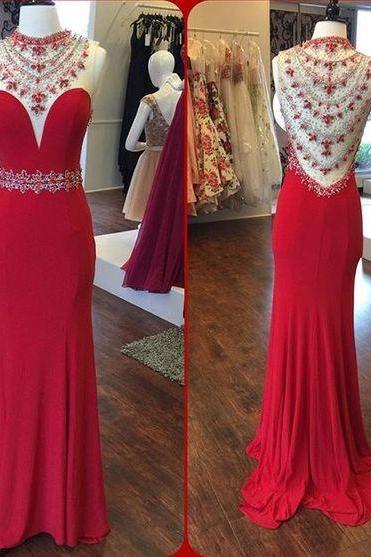  Evening Dresses, Prom Dresses,Party Dresses,Mermaid Prom Dresses, O-Neck Sleeveless Sheer Back Sweep Train Chiffon and Crystal Party Dress Formal Gown