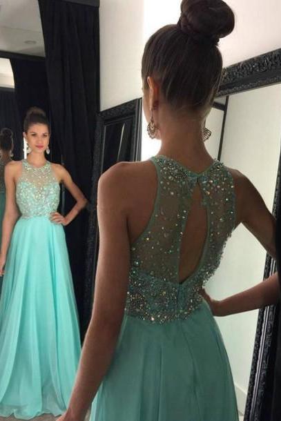  Evening Dresses, Prom Dresses,Party Dresses,New Arrival Prom Dress,Modest Prom Dress,A-line Prom Dresses, 2017 O-Neck Sleeveless Backless Sweep Train Chiffon with Crystal Long Party Dress, Sexy Formal Dress