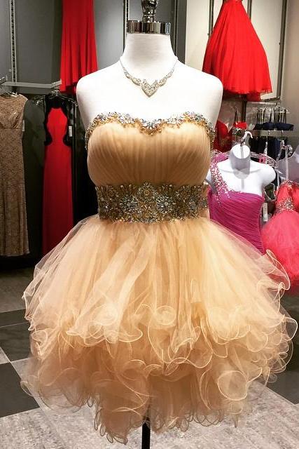 Evening Dresses, Prom Dresses,party Dresses,chic Beaded Sweetheart Tulle Ruffles Short Prom Dress, Ball Gowns 2017 Homecoming Dresses,homecoming