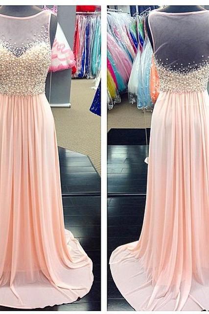  Evening Dresses, Prom Dresses,Party Dresses,New Arrival Prom Dress,Modest Prom Dress,A Line Pearl Beaded Sheer Scoop Neckline Long Pink Chiffon Prom Dresses, 2017 Women's Formal Dress