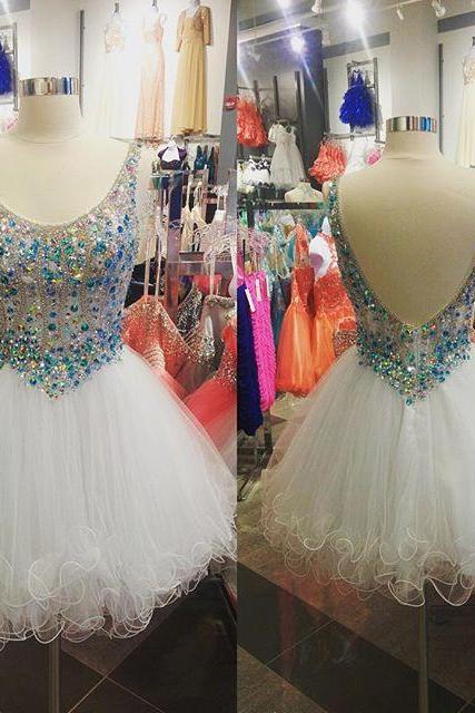 Turquoise Beaded Scoop Neck Tulle Ruffles White Homecoming Dresses, 2017 Short Prom Gowns,homecoming Dresses