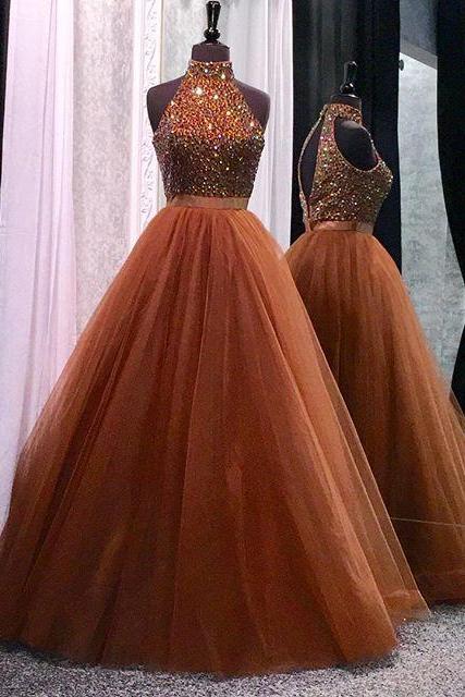 Evening Dresses, Prom Dresses,party Dresses,prom Dresses, Prom Dress,modest Prom Dress,high Neck Open Back Coffee Tulle Ball Gowns Prom