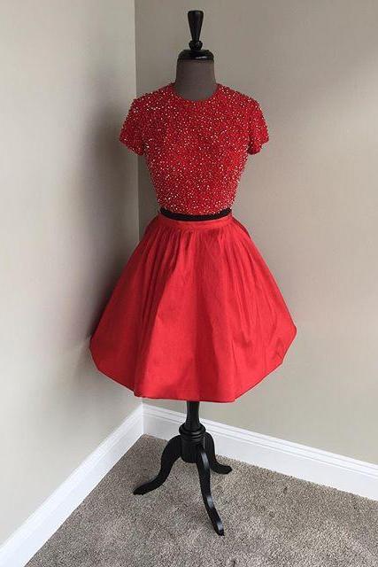  two piece homecoming dresses,short sleeves prom dress,beaded cocktail dress,red homecoming dress,sparkly dress,short prom dress 2017,homecoming dresses