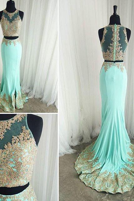 Evening Dresses, Prom Dresses,party Dresses,mint Prom Dresses, Gold Lace Appliques Mermaid Formal Evening Gowns, Elegant Two Piece Prom Dresses