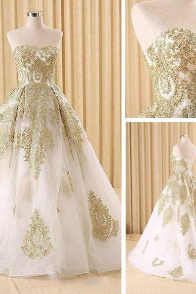 Evening Dresses, Prom Dresses,party Dresses,elegant White And Gold Lace Prom Dresses,ball Gown Evening Dresses,a-line Evening Dresses,sweetheart