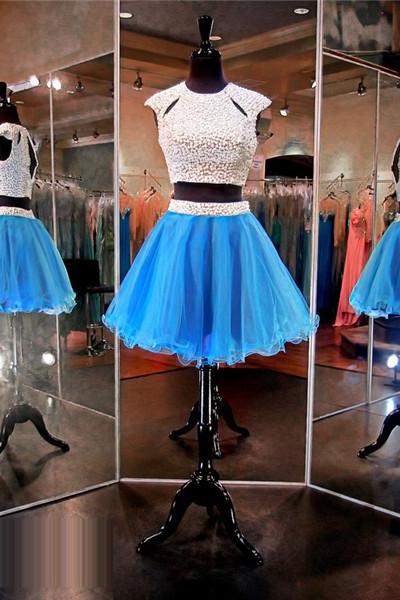 Evening Dresses, Prom Dresses,party Dresses,blue Short Prom Dresses,junior Prom Dresses,two Piece Prom Dress,cap Sleeves Party Dresses,