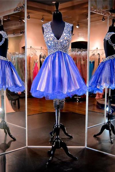 Evening Dresses, Prom Dresses,party Dresses,sparkle Royal Blue Prom Dresses,v-neck Prom Dresses,short Prom Dresses,junior Prom Dresses,tulle