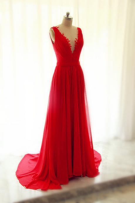 Evening Dresses, Prom Dresses,party Dresses,beautiful Red Chiffon Long V-neckline Handmade Evening Gowns With See Through Chiffon, Red Party