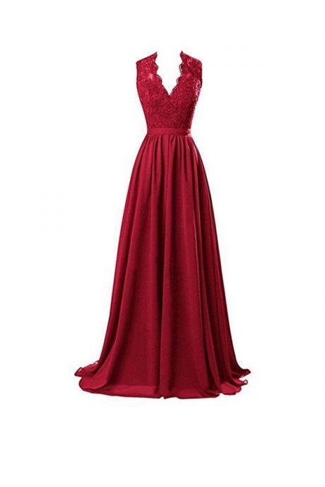 Evening Dresses, Prom Dresses,party Dresses,beautiful A-line V Neck Open Back Chiffon Long Evening Gown With Lace