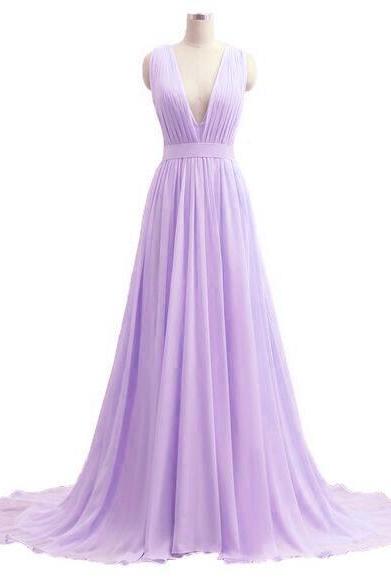 Evening Dresses, Prom Dresses,party Dresses,beautiful V-neckline Chiffon Lavender Long Prom Dress, Custom Lavender Party Dresses, Long Prom