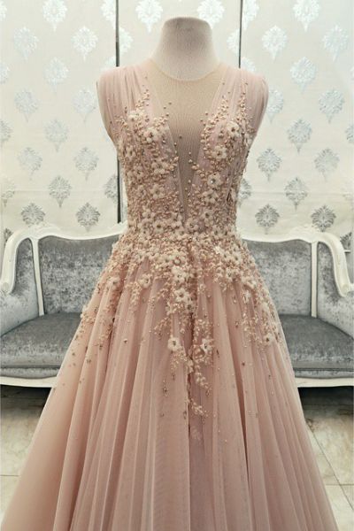 Long Pink Floral Appliqué And Beaded Embellished Tulle Evening Gown Featuring Sleeveless Plunging Neckline